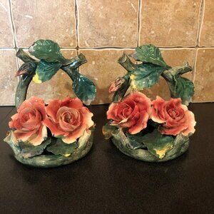Vtg Capodimonte Rose Bookends Handcrafted Ceramic Flowers & Leaves Italy